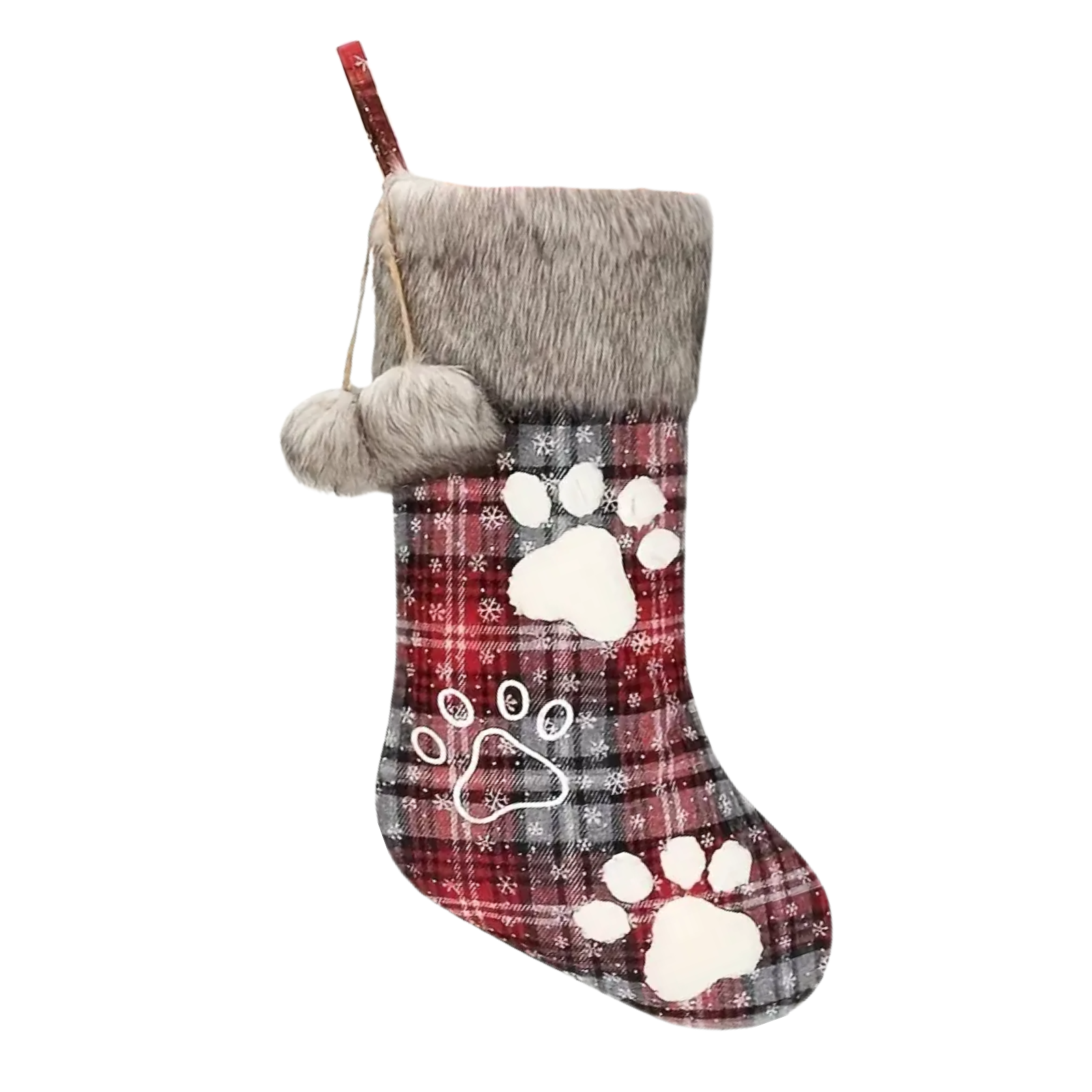 Dog-themed Christmas stocking with paw prints on a white background