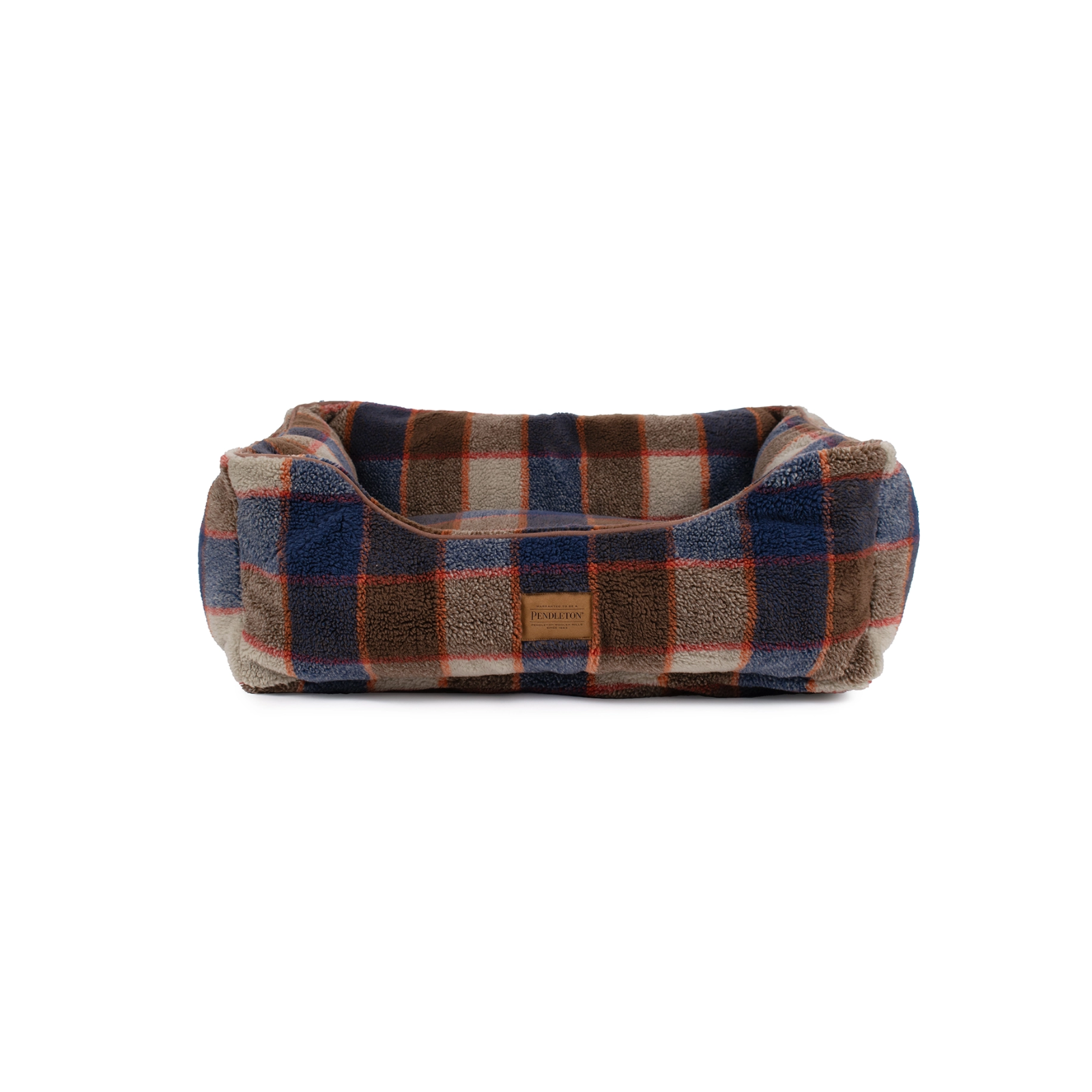 Plaid patterned pet bed on a white background
