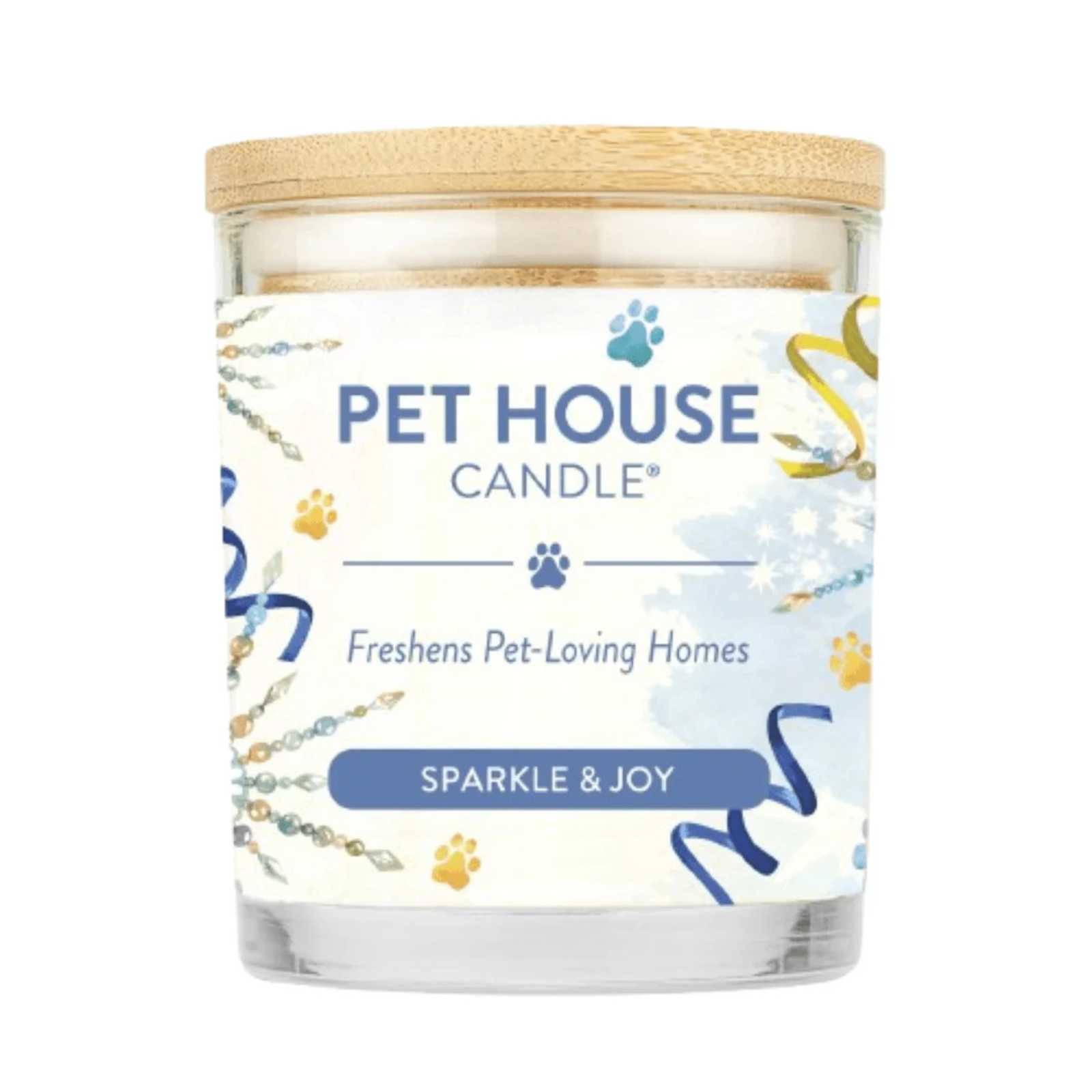 A glass jar candle with a light wood lid and a white label featuring blue and yellow paw prints and the text 'PET HOUSE CANDLE' and 'SPARKLE & JOY'.