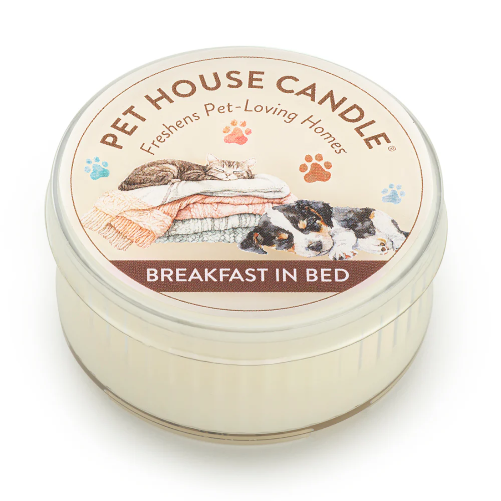 Pet House Candle labeled 'Breakfast in Bed' with illustrations of a cat and dog on a white background
