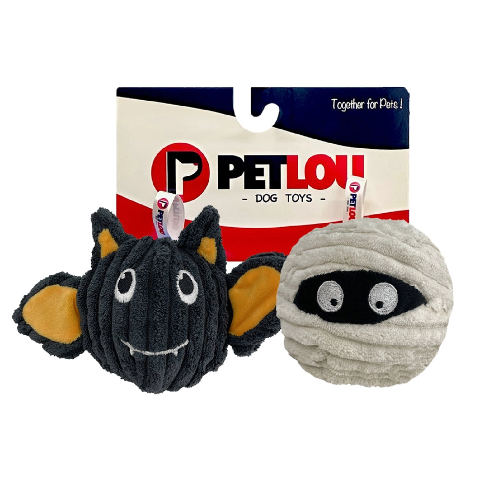 Two PETLOU dog toys displayed in front of their retail packaging on a plain white background: a dark gray bat-shaped toy with yellow wings and a beige mummy ball toy with a black eye mask.