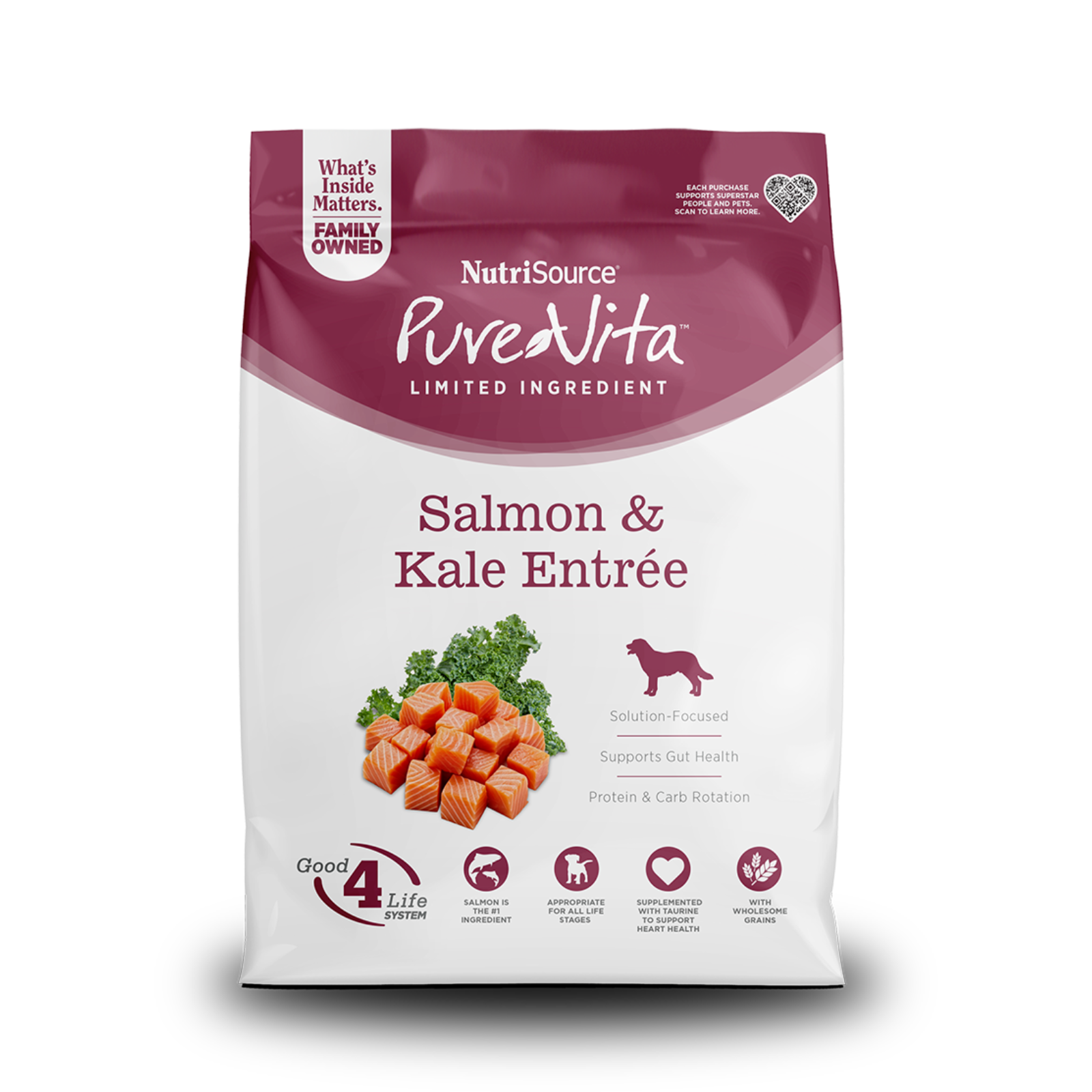NutriSource PureVita Limited Ingredient Salmon & Kale Entrée dog food package on a white background