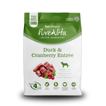 NutriSource PureVita dog food package with duck and cranberry entrée on a white background