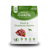 NutriSource PureVita dog food package with duck and cranberry entrée on a white background