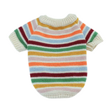 Knitted dog sweater with multicolor stripes on a white background
