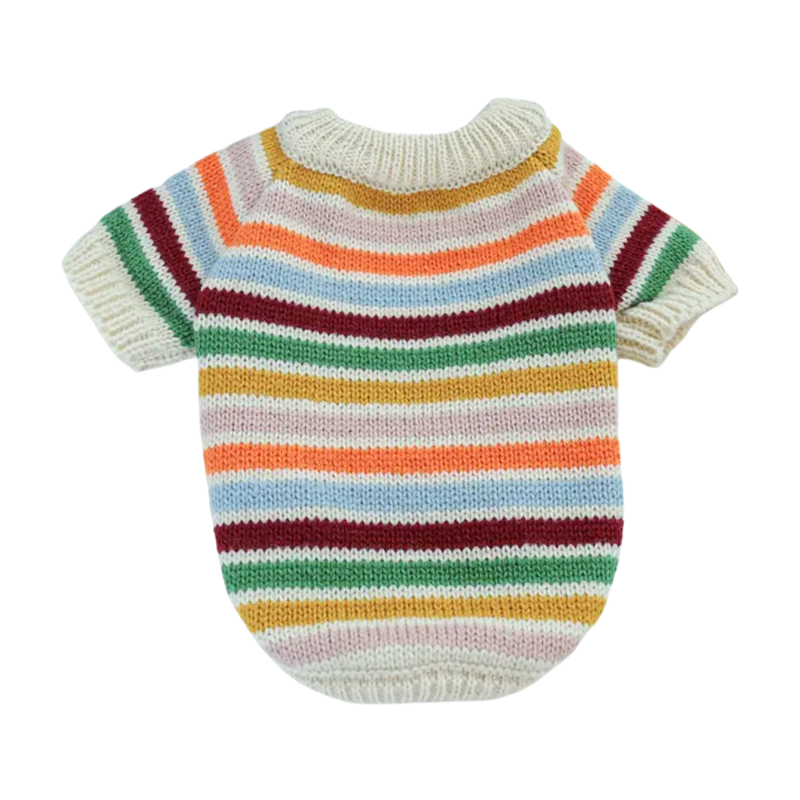 Knitted dog sweater with multicolor stripes on a white background