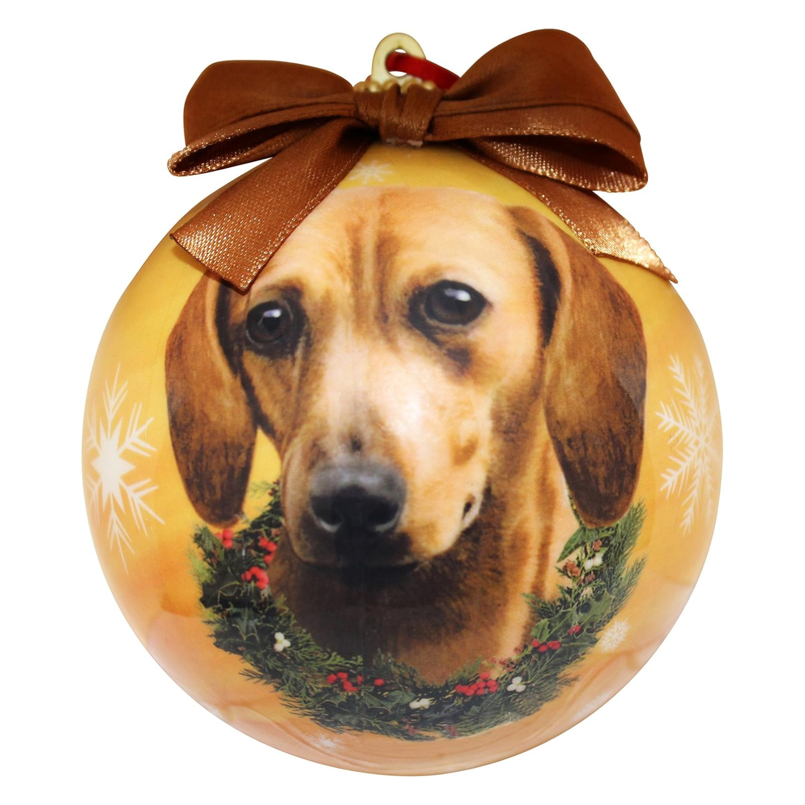 Round ornament with a dachshund dog face and brown bow on a white background