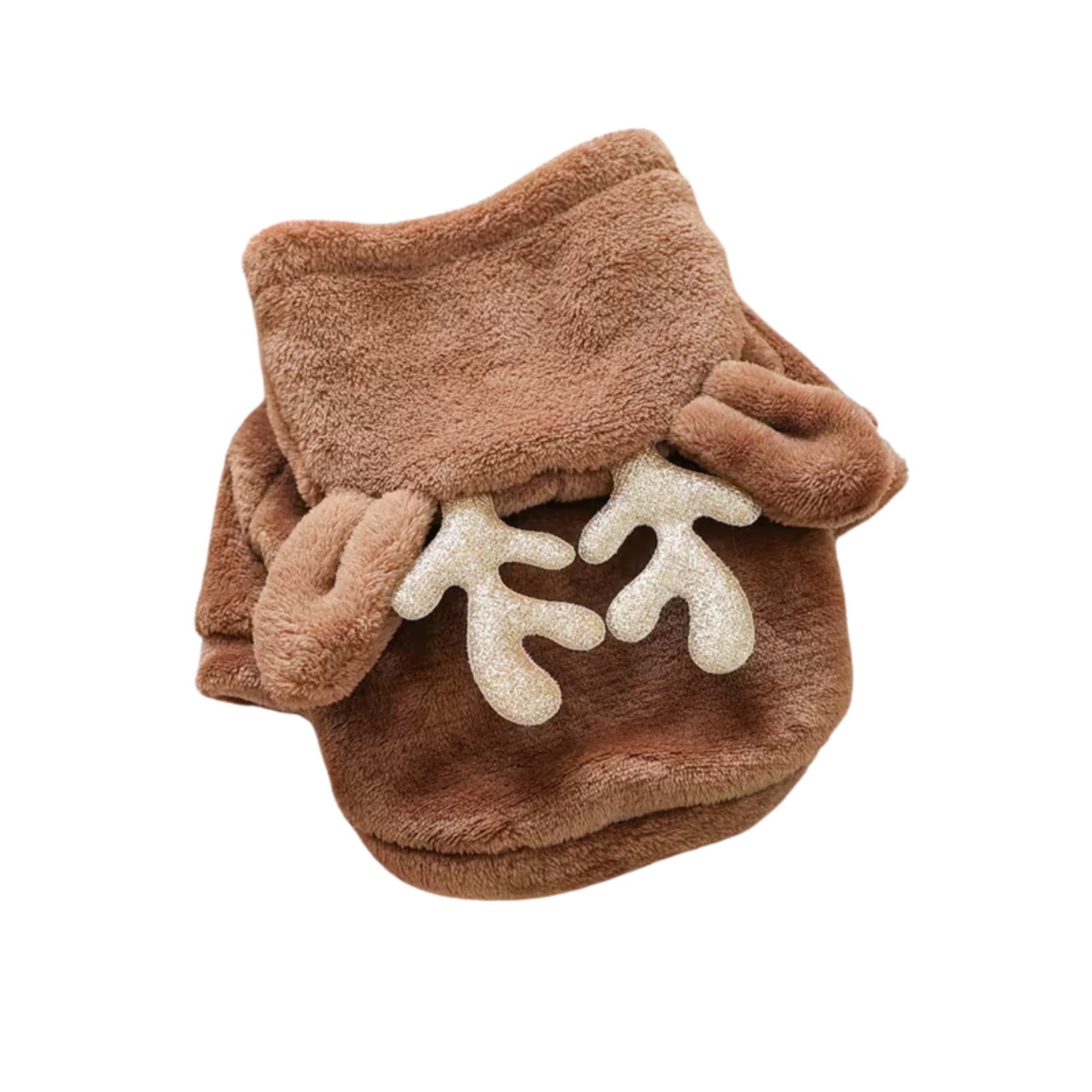 A brown plush pet hood or scarf with a hooded opening and raised faux-fur ears, featuring two glittery cream antler embellishments on the front, shown on a plain white background.