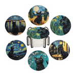 Set of round coasters with black cat designs inspired by famous artworks, including Van Gogh's 'Starry Night'.