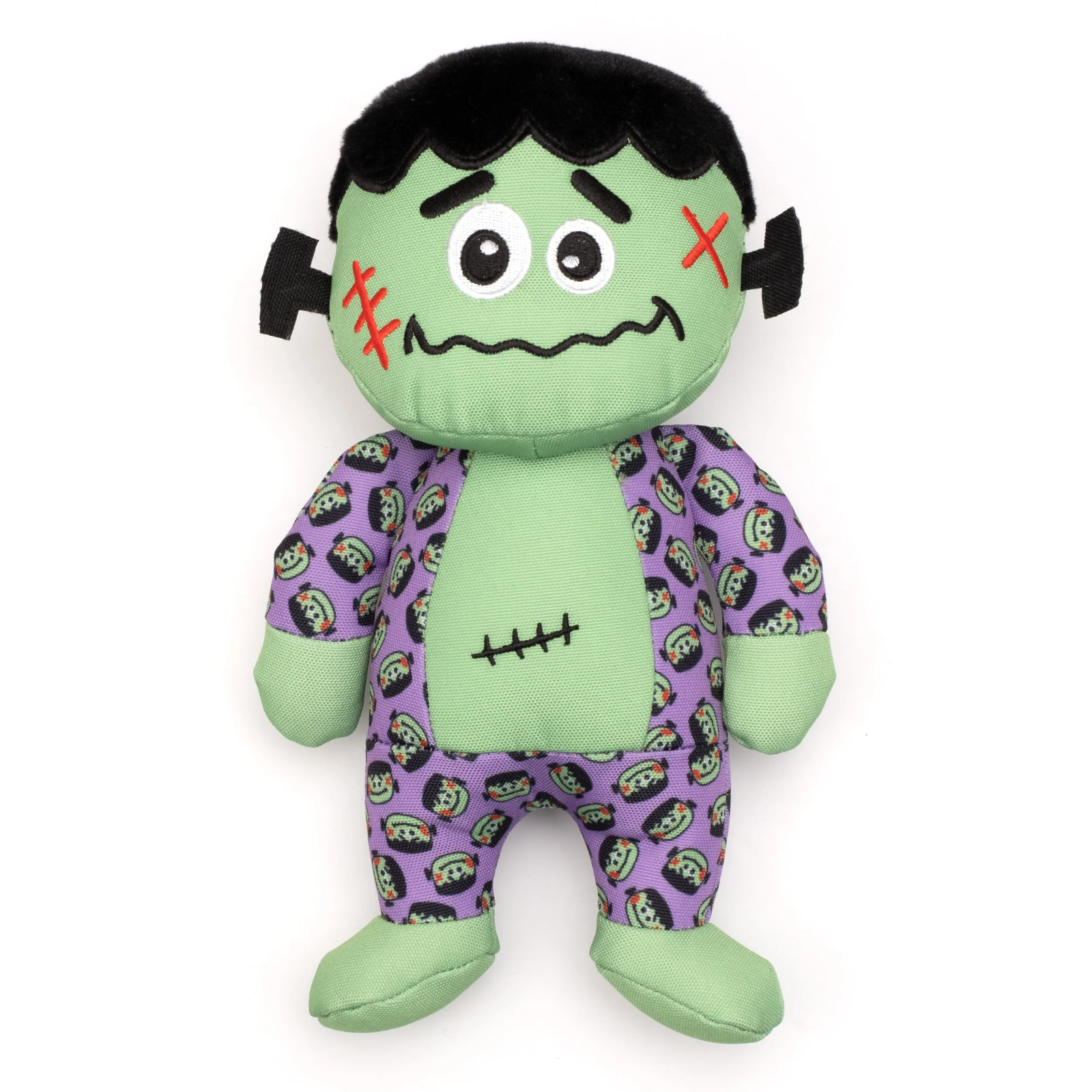 Plush toy resembling a character with green skin, black hair, and purple patterned outfit on a white background