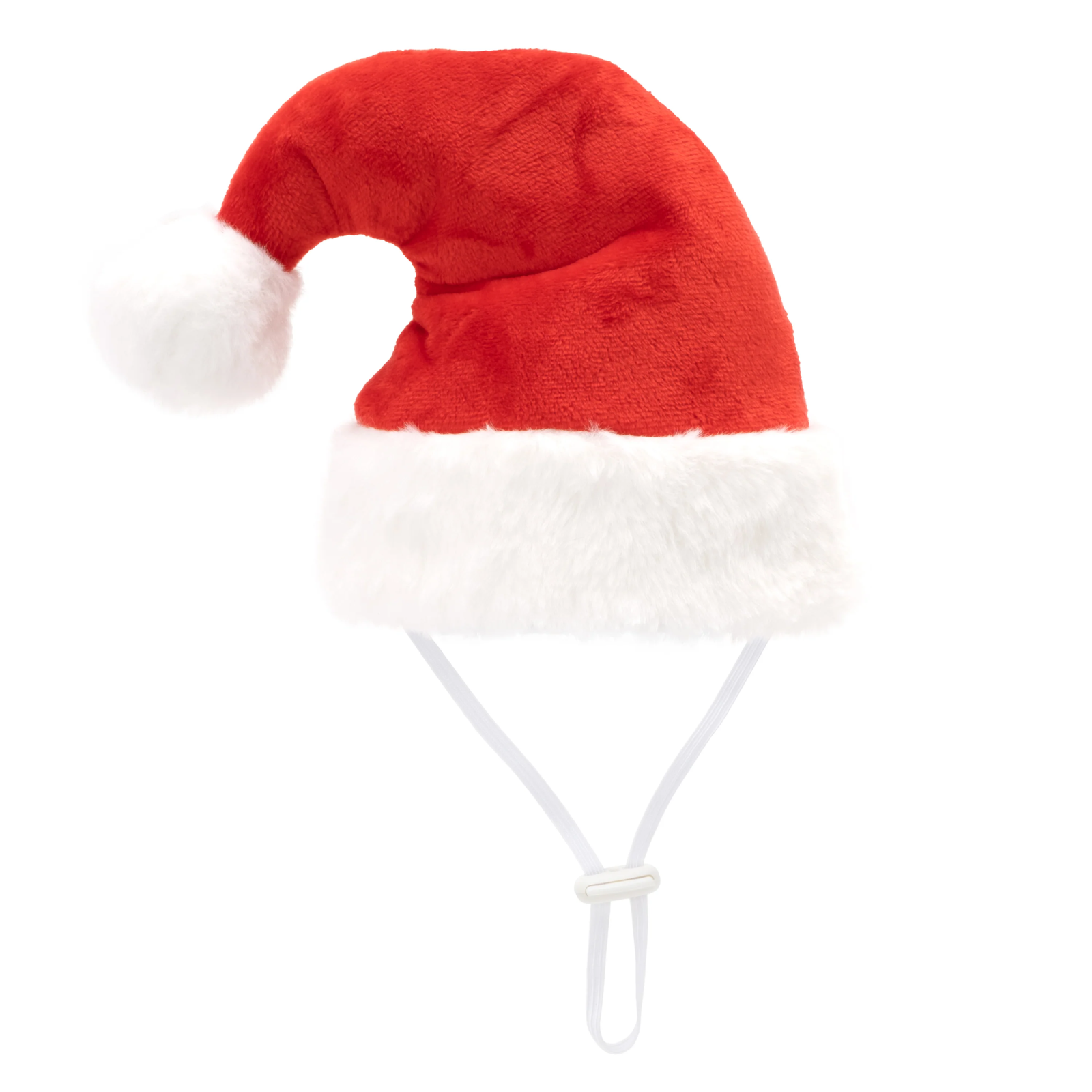 A plush red Santa hat with a white faux-fur trim and pom-pom, attached to a white chin strap, shown on a plain white background.