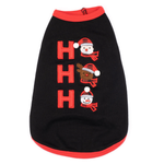 Black pet sweater with red trim, snowman design, and 'HO HO HO' text on a white background