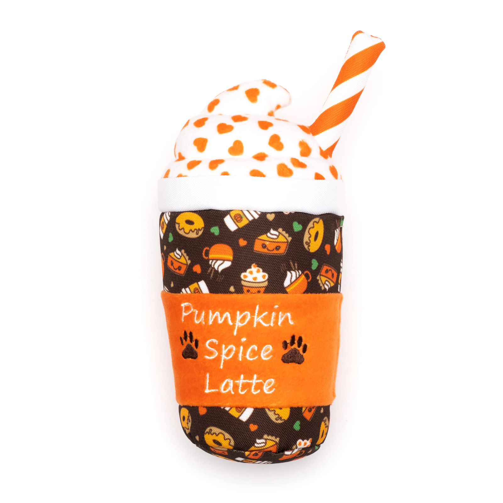 A plush toy shaped like a Pumpkin Spice Latte cup, featuring a dark brown patterned body with orange, yellow, and white fall-themed illustrations, an orange sleeve with white text reading 'Pumpkin Spice Latte' and small paw prints, a white whipped cream top with orange spots, and an orange-and-white striped straw, all on a plain white background.