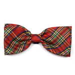 Plaid bow tie with red, green, and yellow colors on a white background