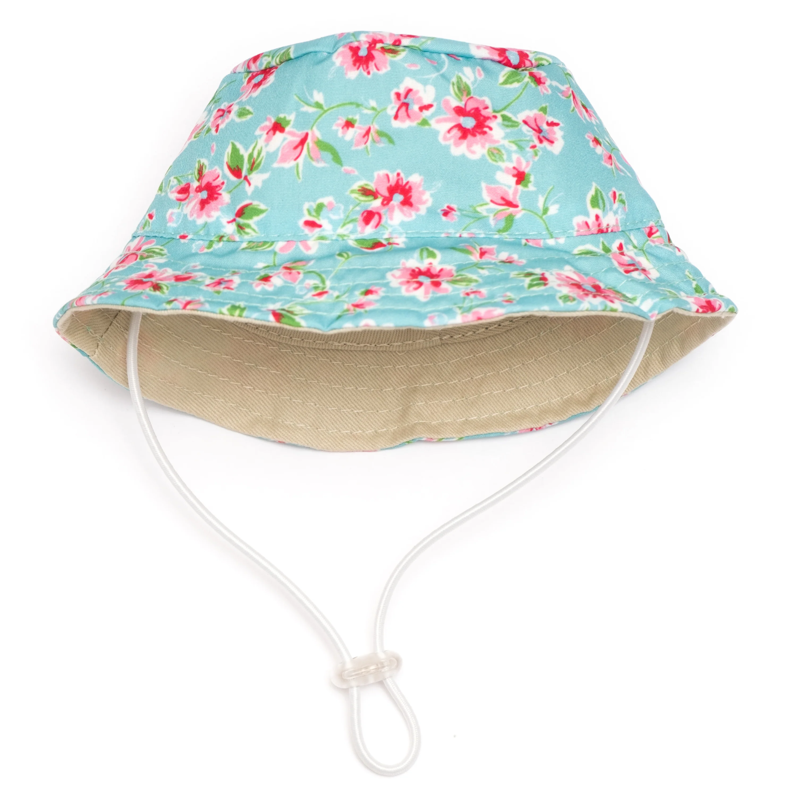 Floral bucket hat with a light blue floral pattern on a white background