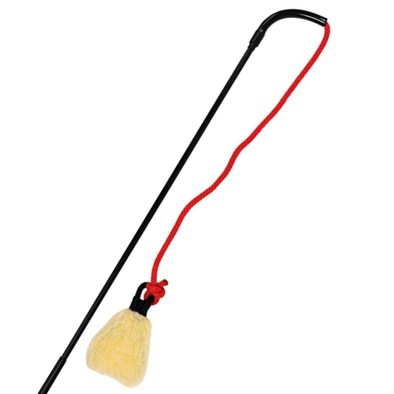 Long-handled brush with a red string and beige bristle head on a white background