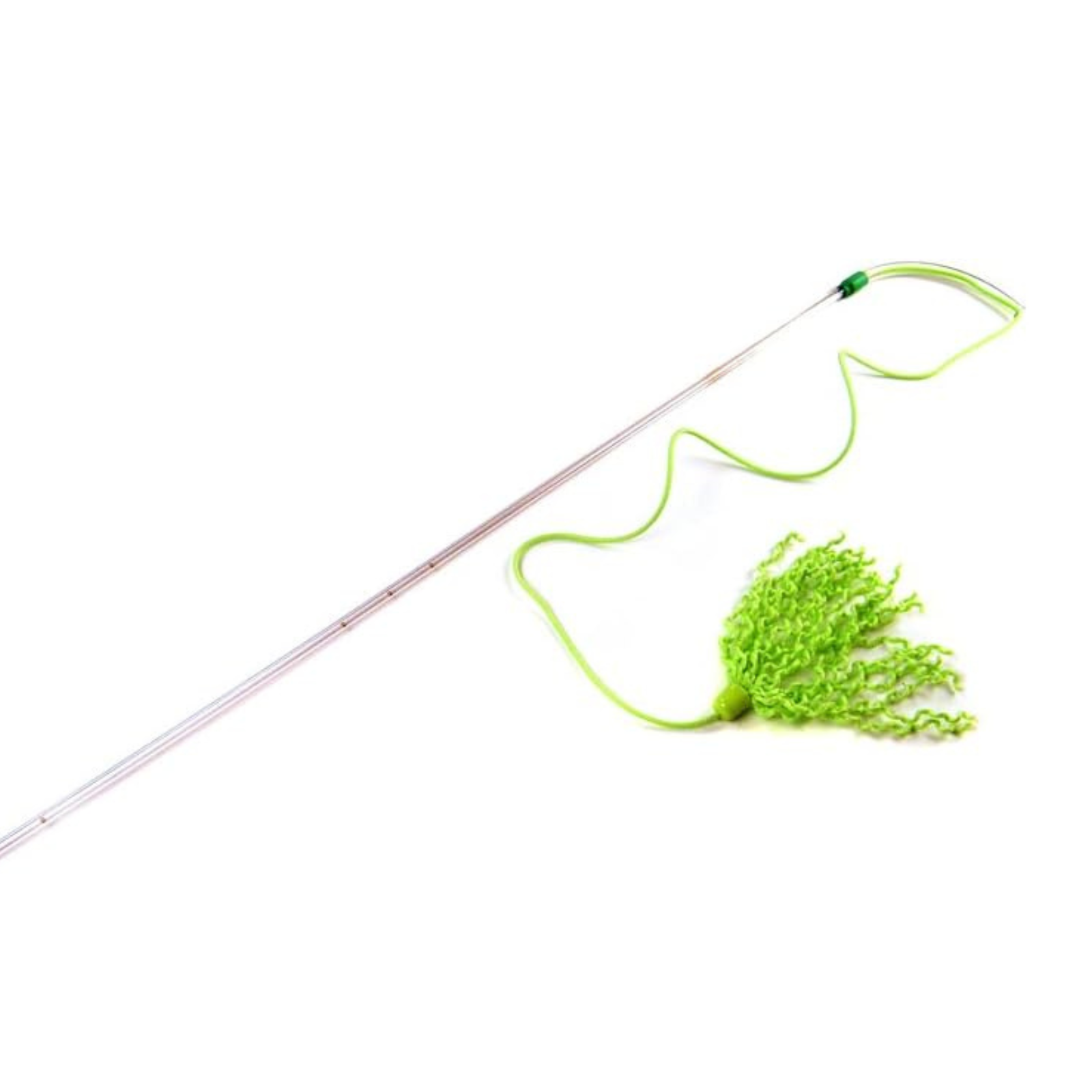 Green fishing net with a long handle on a white background