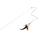 Cat toy with feather on a string against a white background