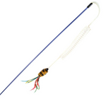 Cat toy with a blue handle and colorful feather attachment on a white background