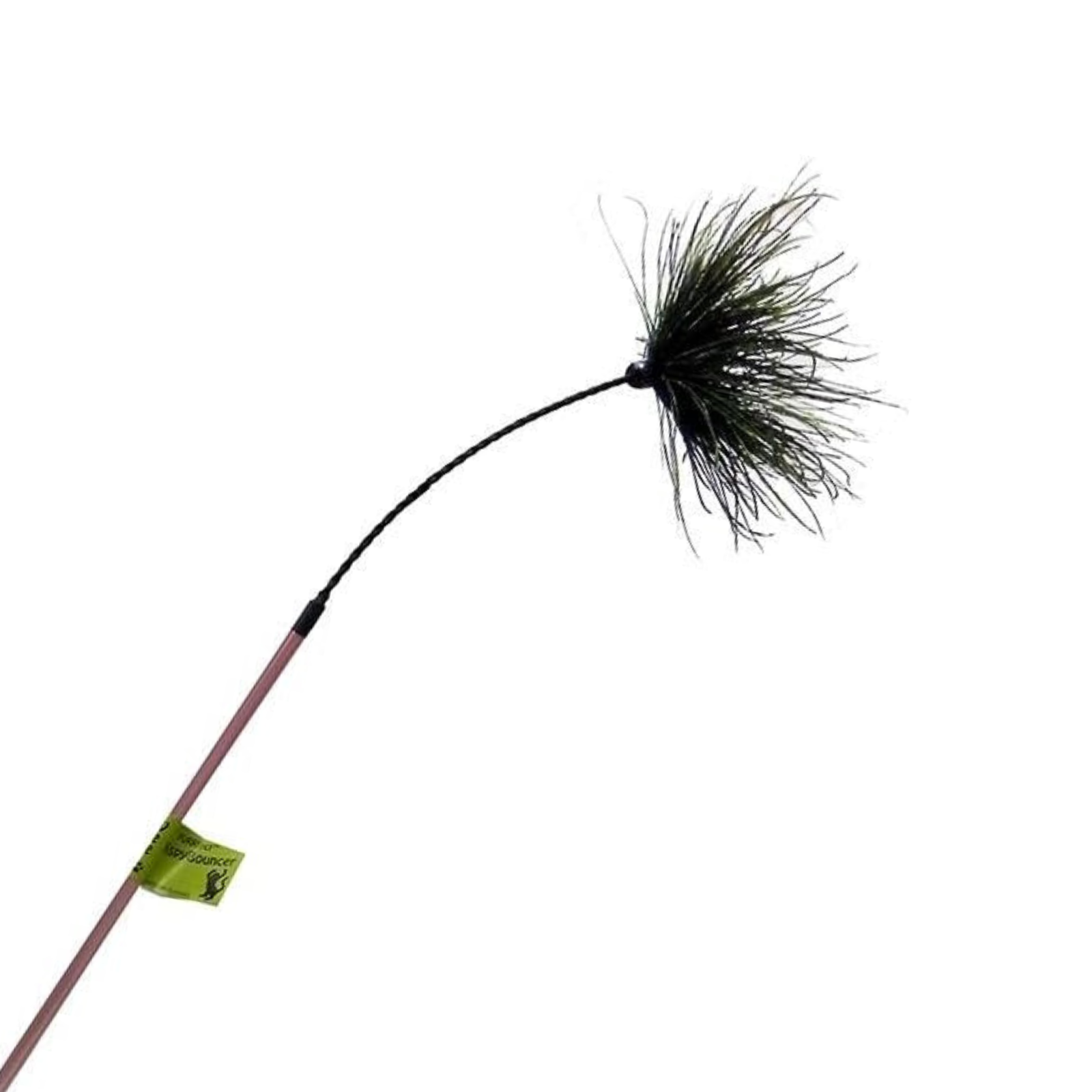 Fishing lure with black skirt and pink rod on a white background