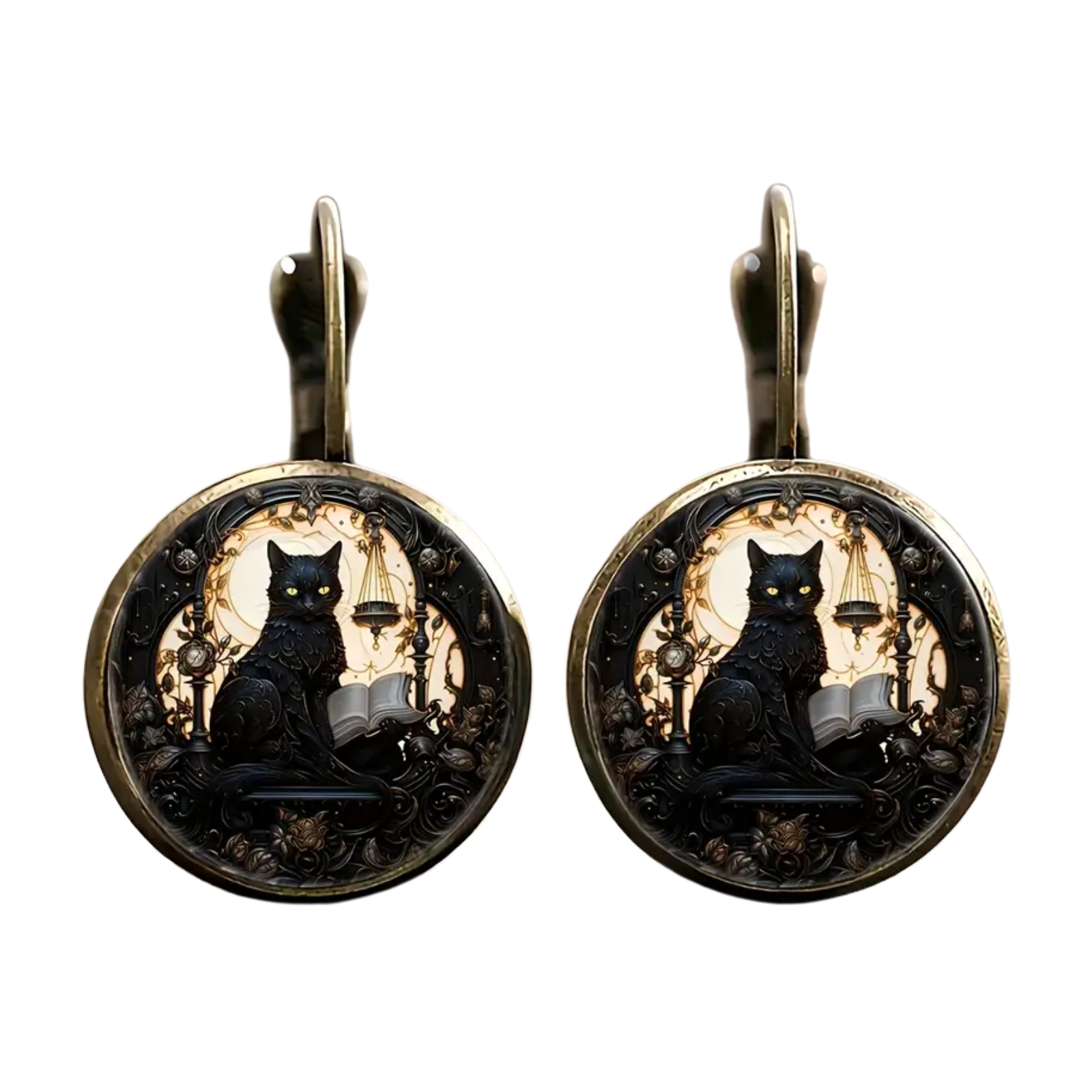 Pair of earrings with black cat design on a white background