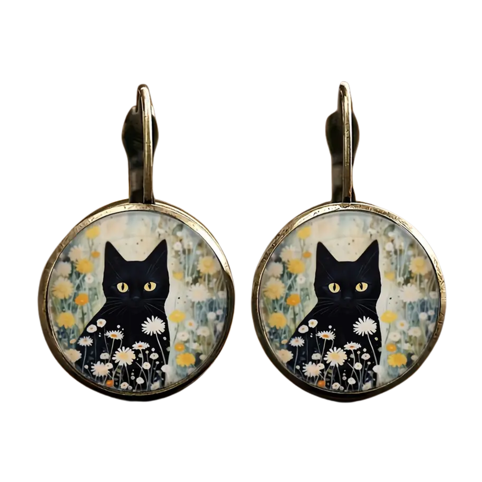 Pair of earrings with black cat design on a white background