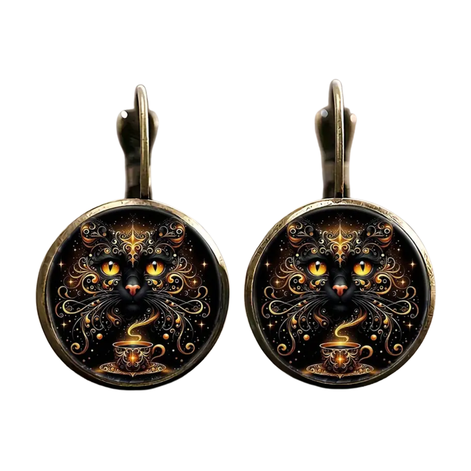 Pair of earrings with a black cat design on a white background