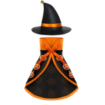 A children's Halloween costume set featuring a black pointed witch hat with an orange band and a matching black cape with orange trim, orange pumpkin prints, and an orange bow at the neck.