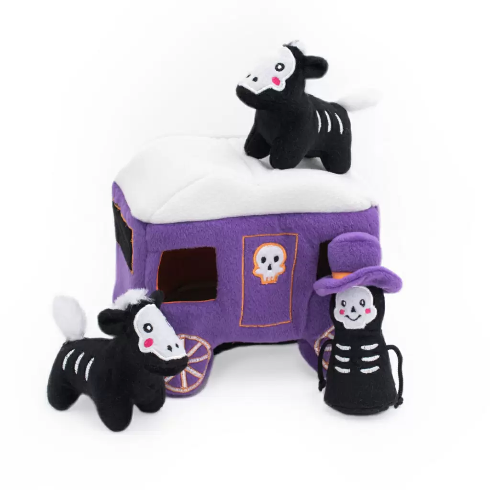Purple dog toy train with skeleton and ghost characters on a white background