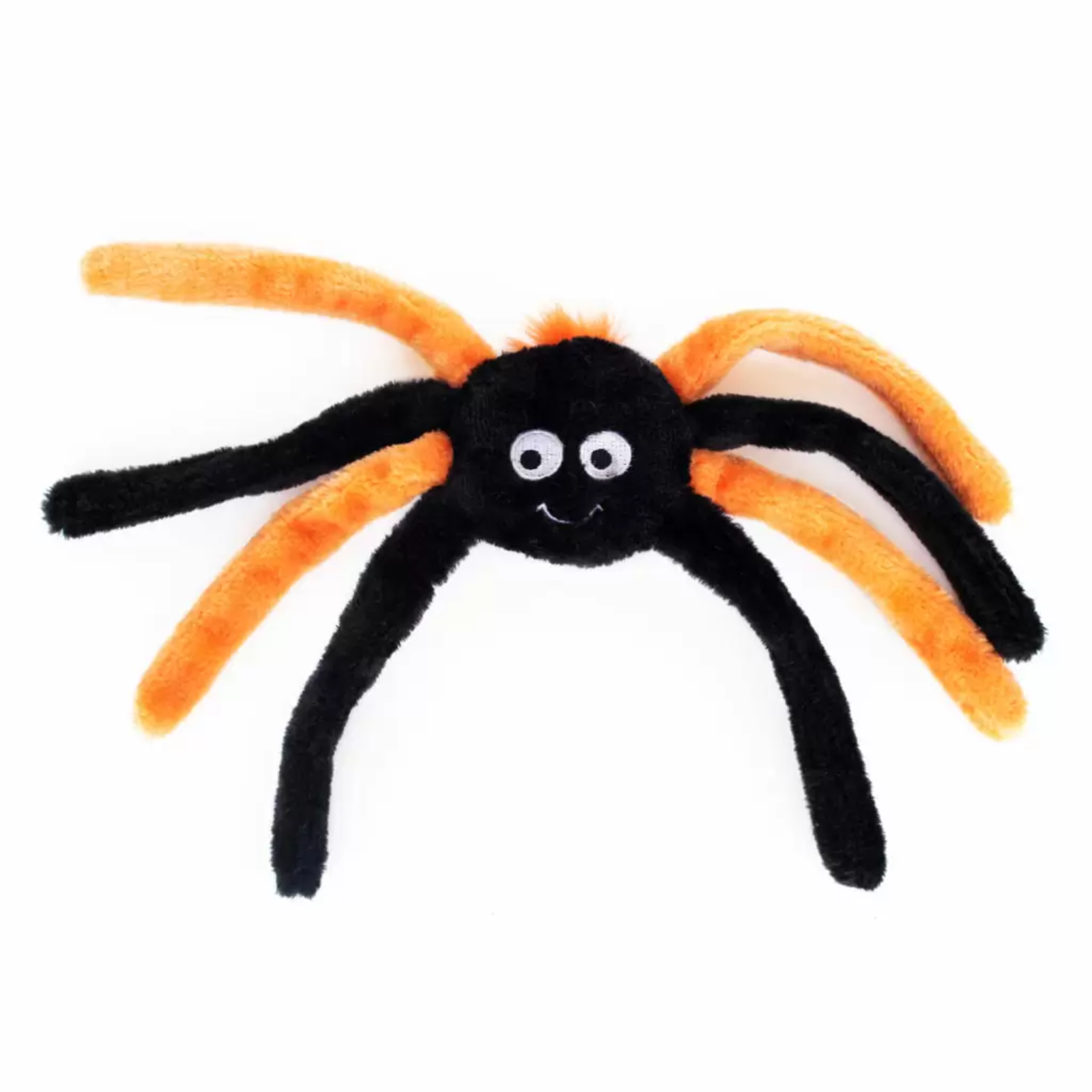 Plush spider toy with orange and black colors on a white background