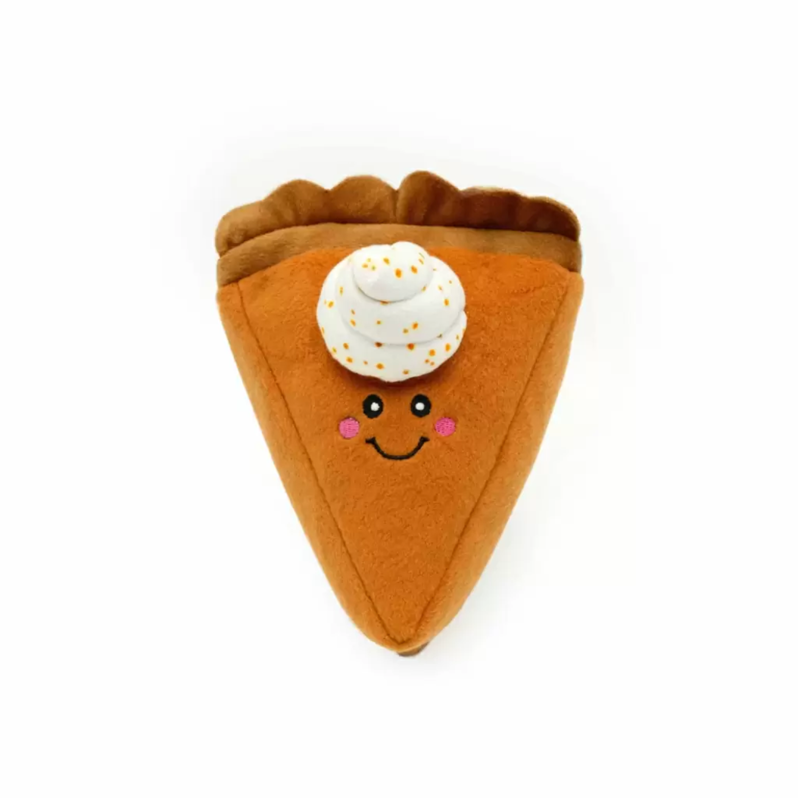 Plush toy shaped like a slice of pumpkin pie with a smiling face on a white background