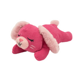 Pink plush toy resembling a cat on a white background