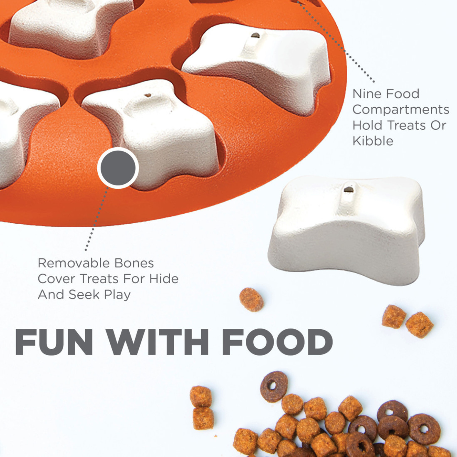 Pet toy with food compartments and removable bones, featuring text on a white background.