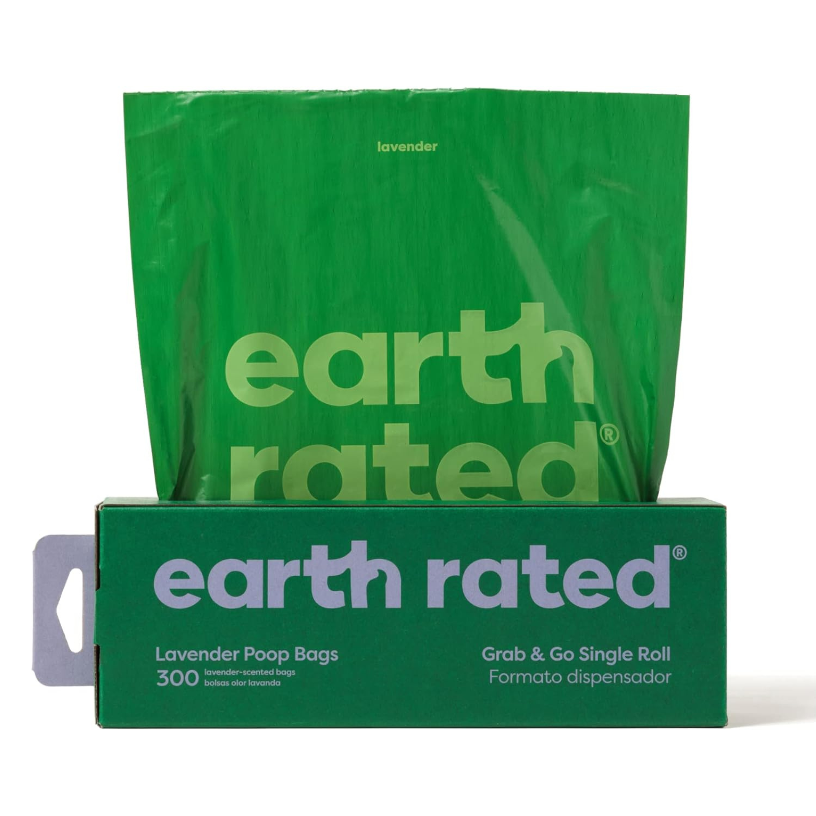 Green packaging of earth rated lavender poop bags with a roll on a white background