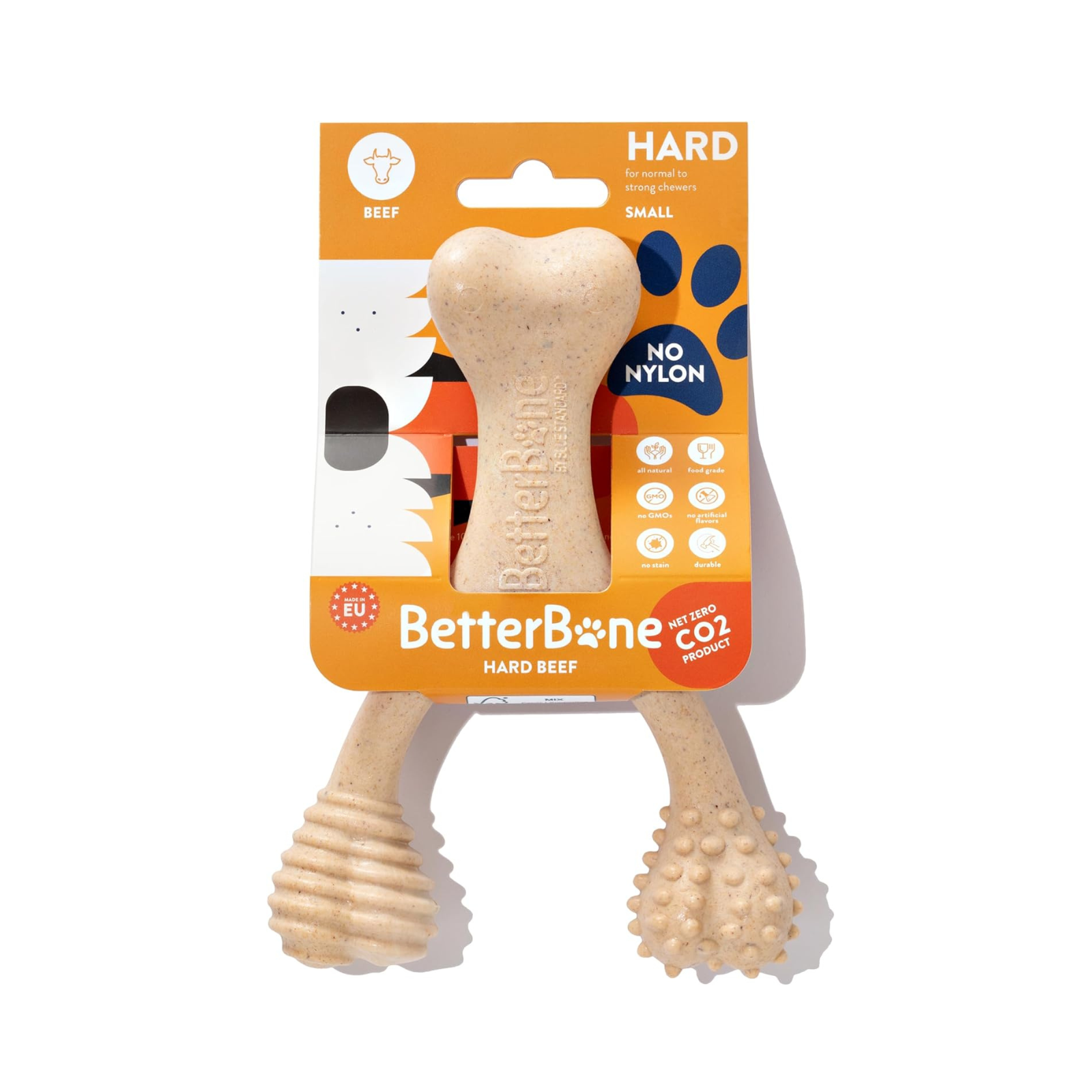 BetterBone hard beef dog chew toy in packaging on a white background