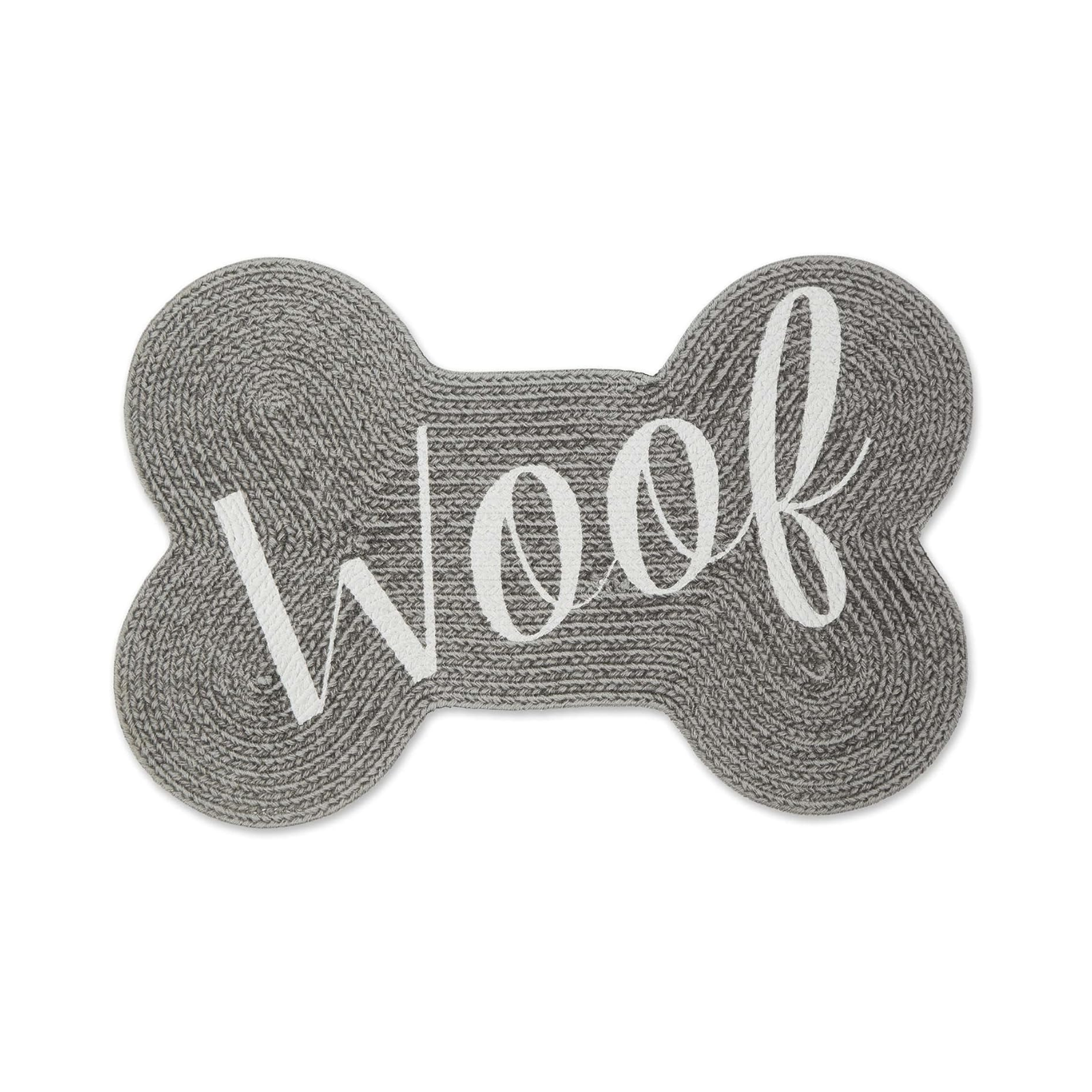 Gray bone-shaped mat with 'Woof' text on a white background