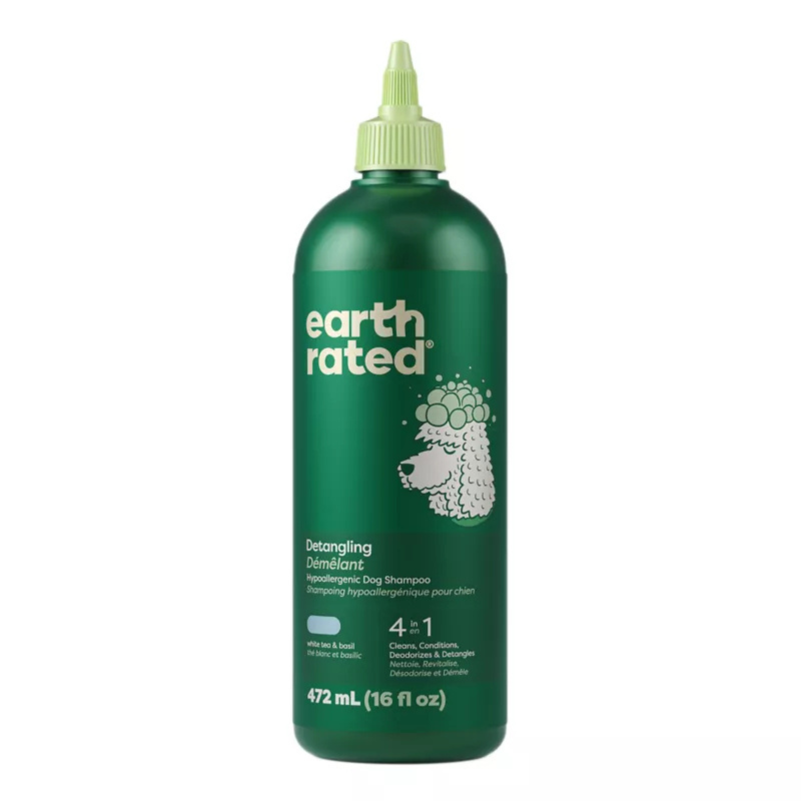 Green bottle of Earth Rated dog shampoo on a white background