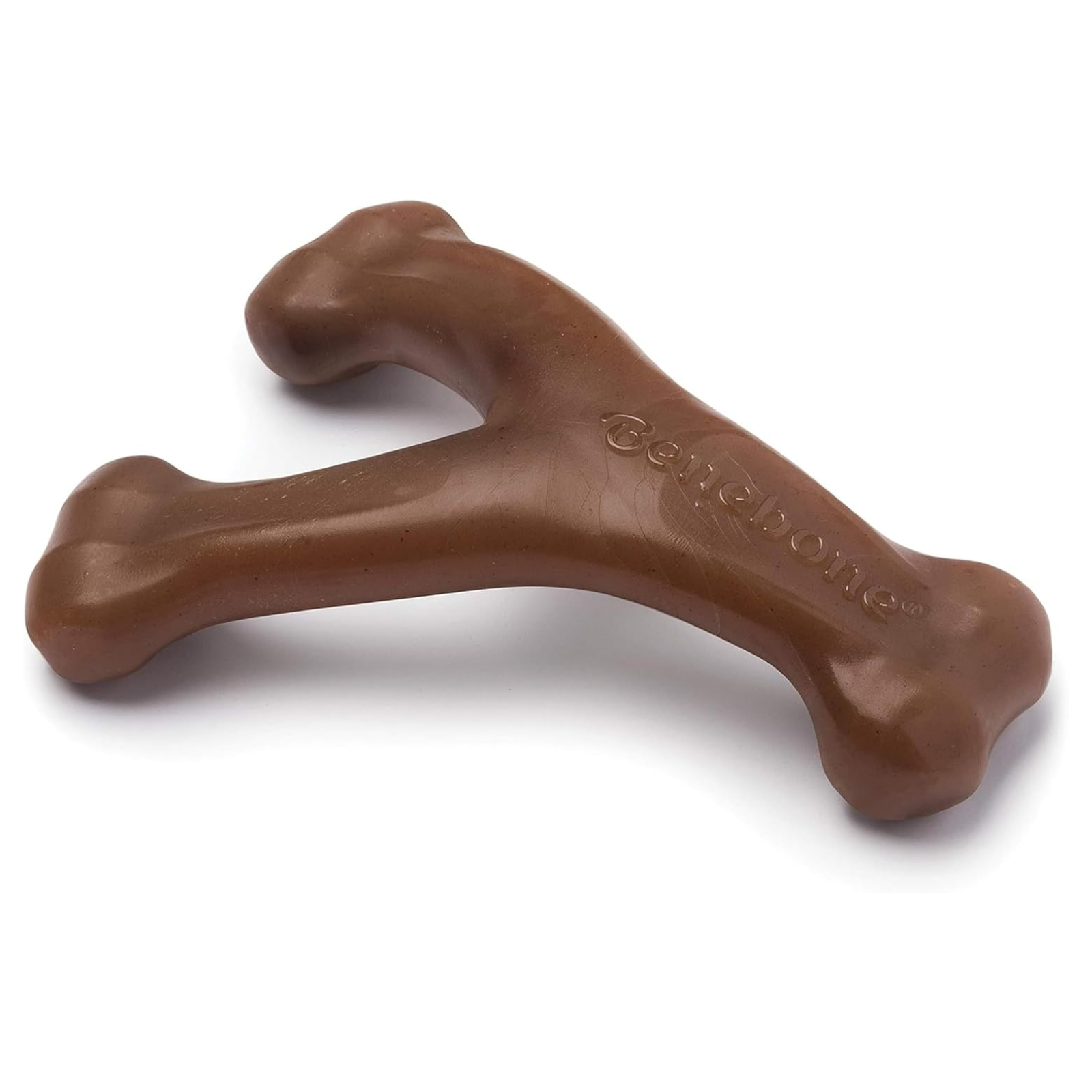 Brown dog toy shaped like a bone on a white background
