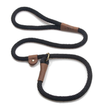 A black braided rope dog leash with brown leather accents and a brass ring, displayed on a clean white background.