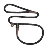 A black braided rope lead with brown leather accents and a gold-tone metal ring, displayed on a clean white background.