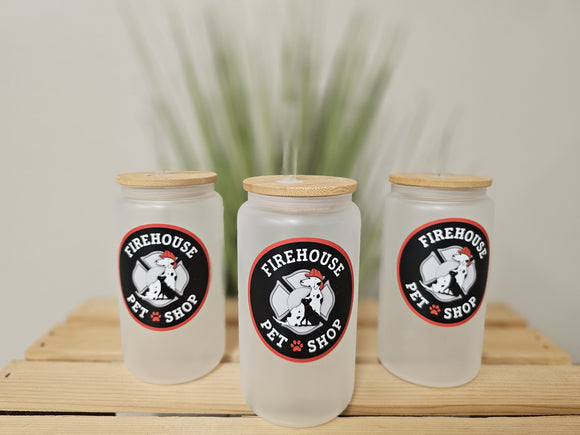 Firehouse Frosted Glass Tumbler with Bamboo Lid and Straw