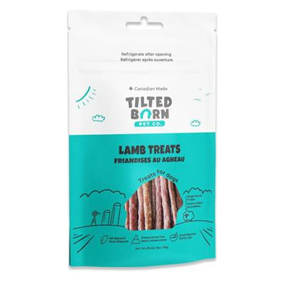 Package of Tilted Barn Pet Co. lamb treats for dogs on a white background
