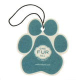 Blue paw-shaped car air freshener with 'One Fur All' branding on a white background