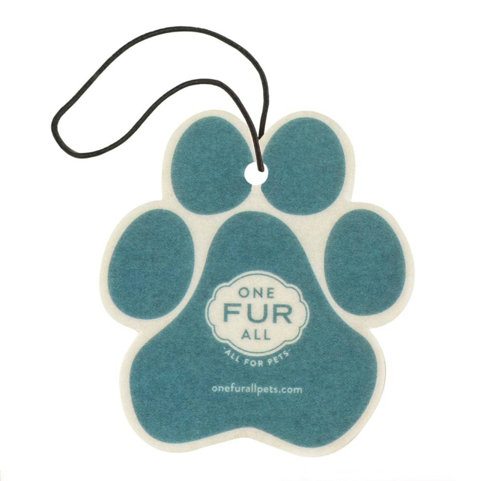 Blue paw-shaped car air freshener with 'One Fur All' branding on a white background