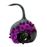 Woollyfelt Handmade Dark Grey Wool Cat Cave with Flower Design