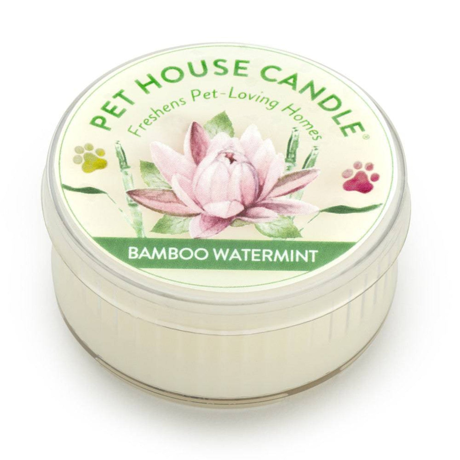 Pet House Candle with bamboo watermint fragrance on a white background