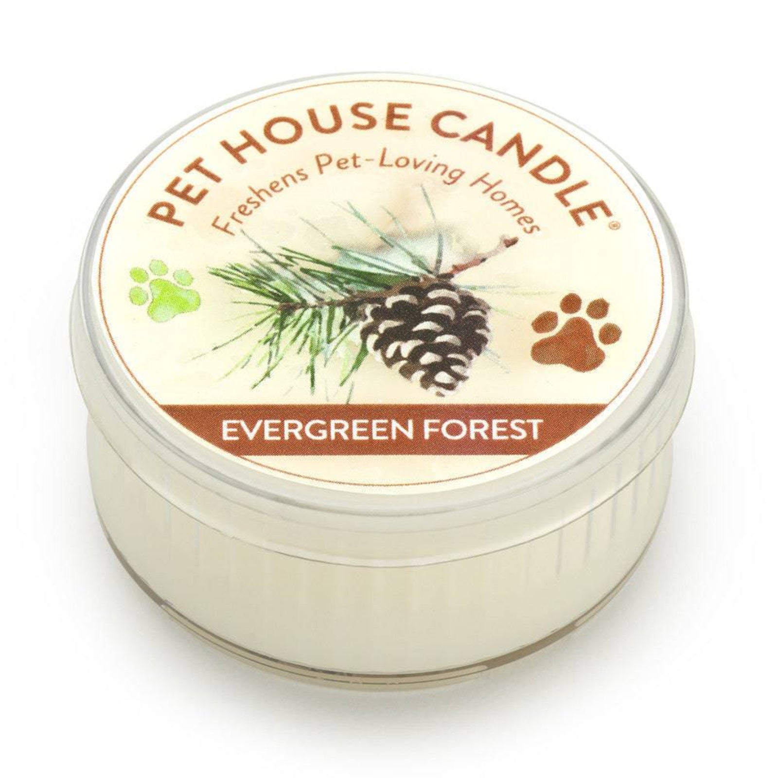 Pet House Candle labeled 'Evergreen Forest' on a white background
