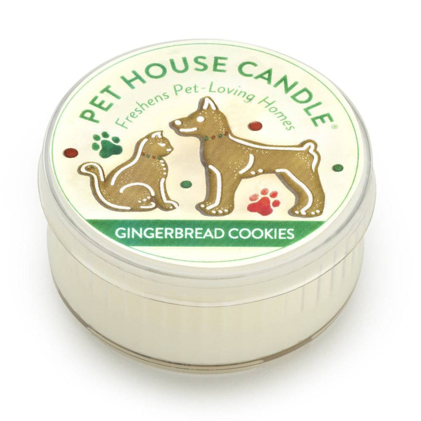 Pet House Candle in Gingerbread Cookies flavor with a cat and dog illustration on the label.