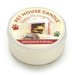 Pet House Candle labeled 'Holidays Fur All' on a white background