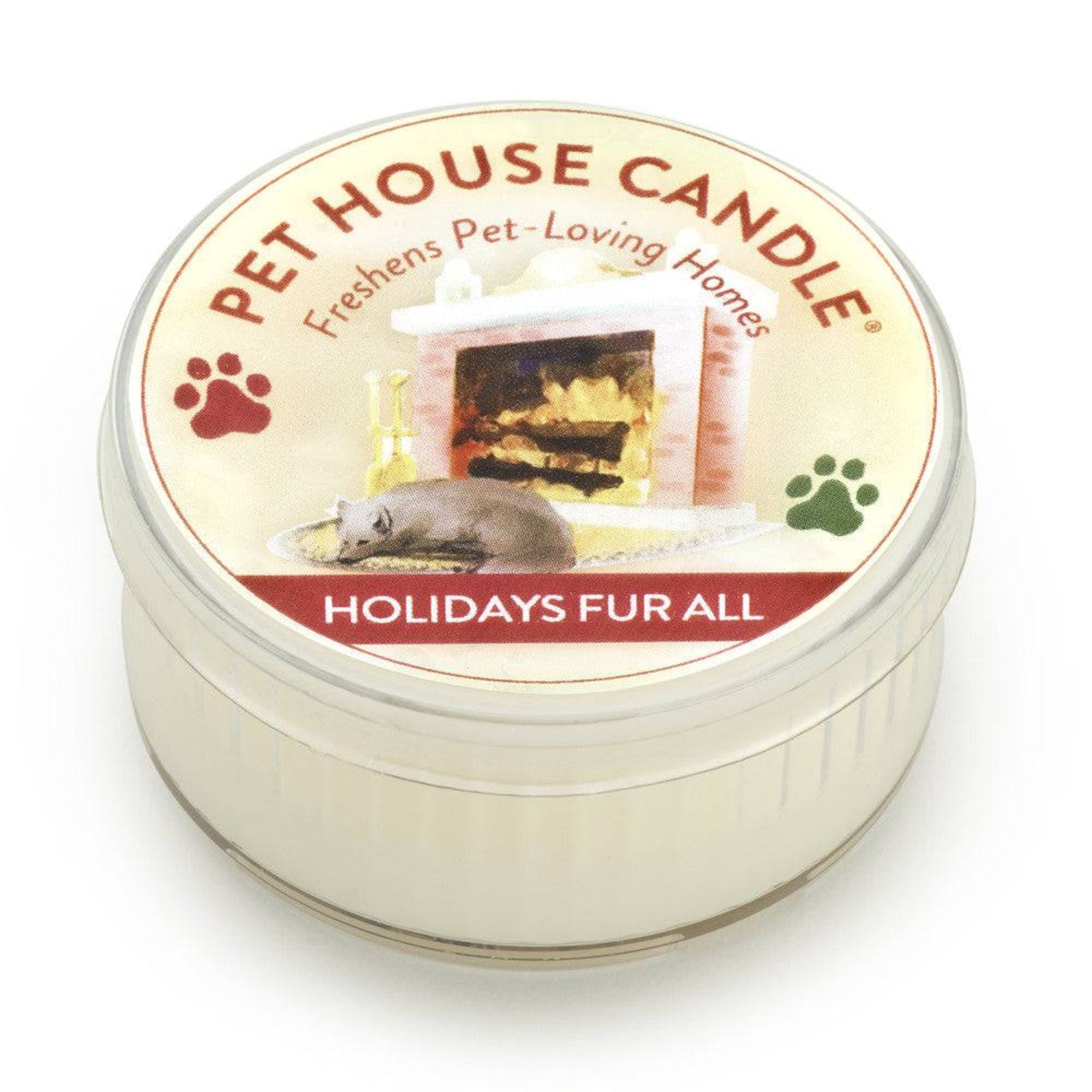 Pet House Candle labeled 'Holidays Fur All' on a white background
